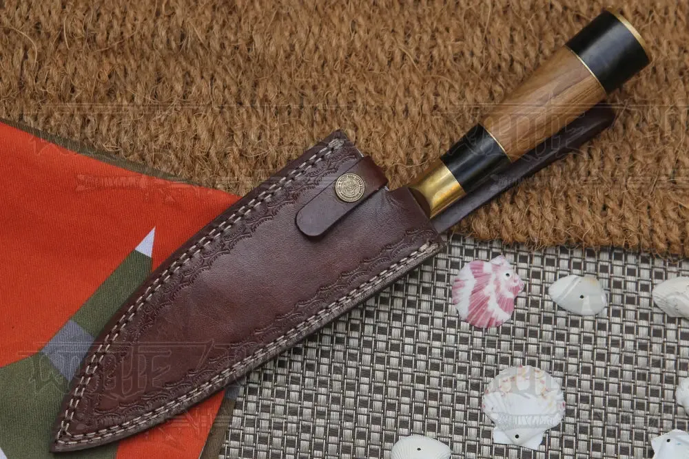 13" Handmade Santoku Damascus Chef Knife Buffalo Horn with Olive Wood Handle