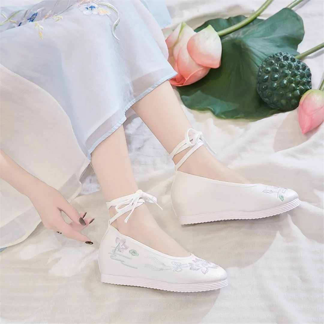 3Cm Hidden Wedges Women Cotton Hanfu Shoes Ankle Strap Platforms Chinese Embroidery Shoes White