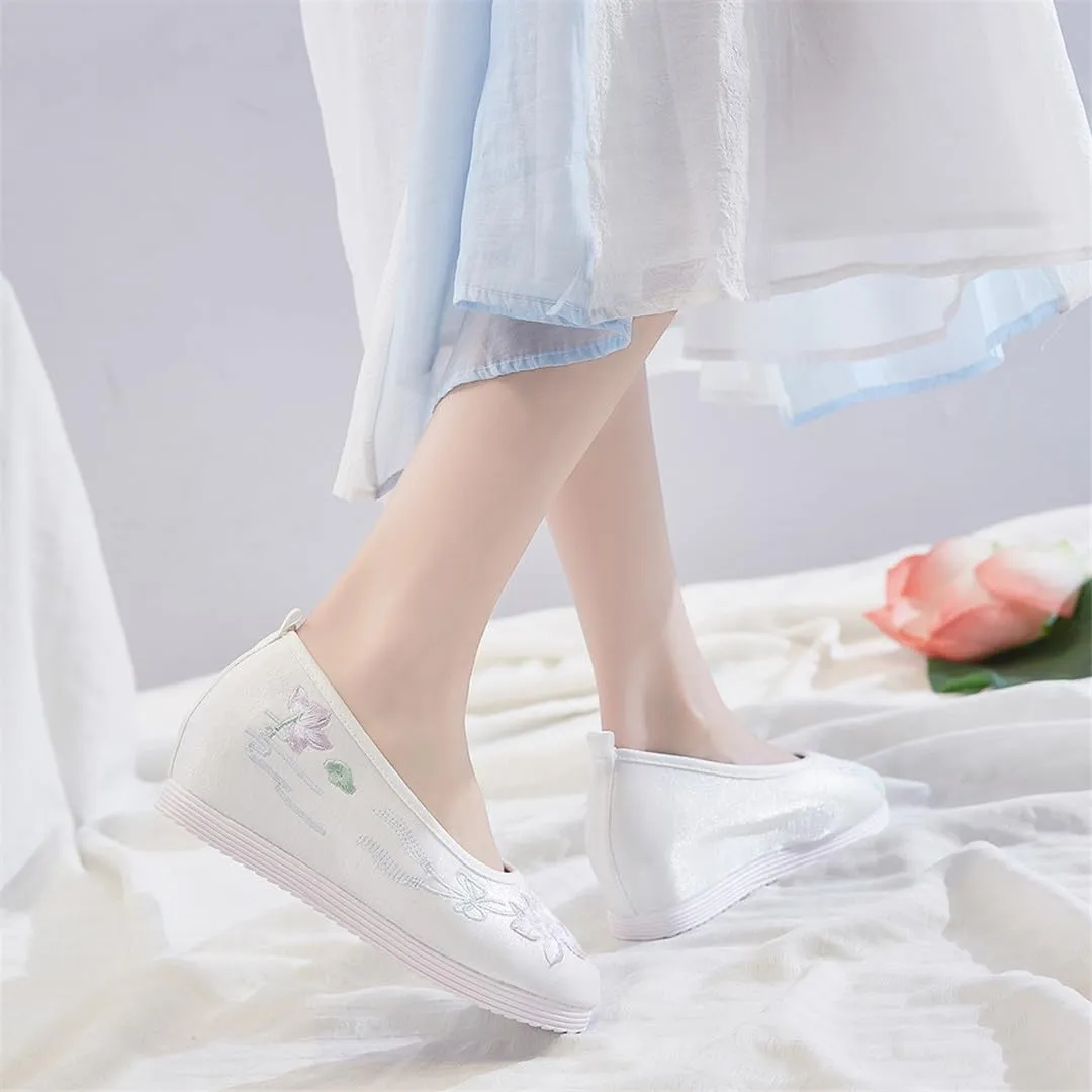 3Cm Hidden Wedges Women Cotton Hanfu Shoes Ankle Strap Platforms Chinese Embroidery Shoes White
