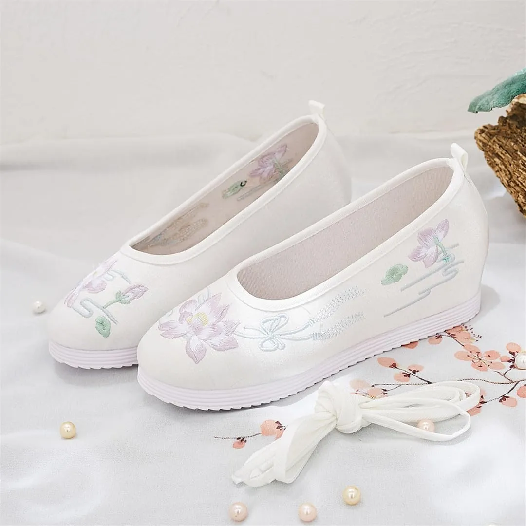 3Cm Hidden Wedges Women Cotton Hanfu Shoes Ankle Strap Platforms Chinese Embroidery Shoes White