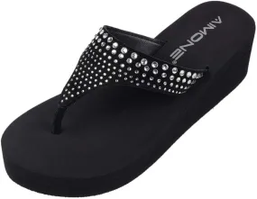 AIMONE-Muriel Women Wedge Heel Flip Flops Comfy Platform Rhinestone Beach Sandals