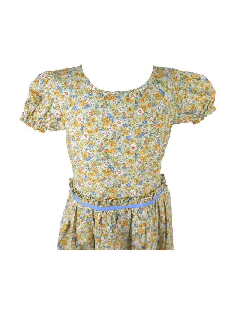 Dress Round Neck Puff Short Sleeves With Gartered Armhole Shirring Skirt Floral Printed Without Lining Plain - Light Green