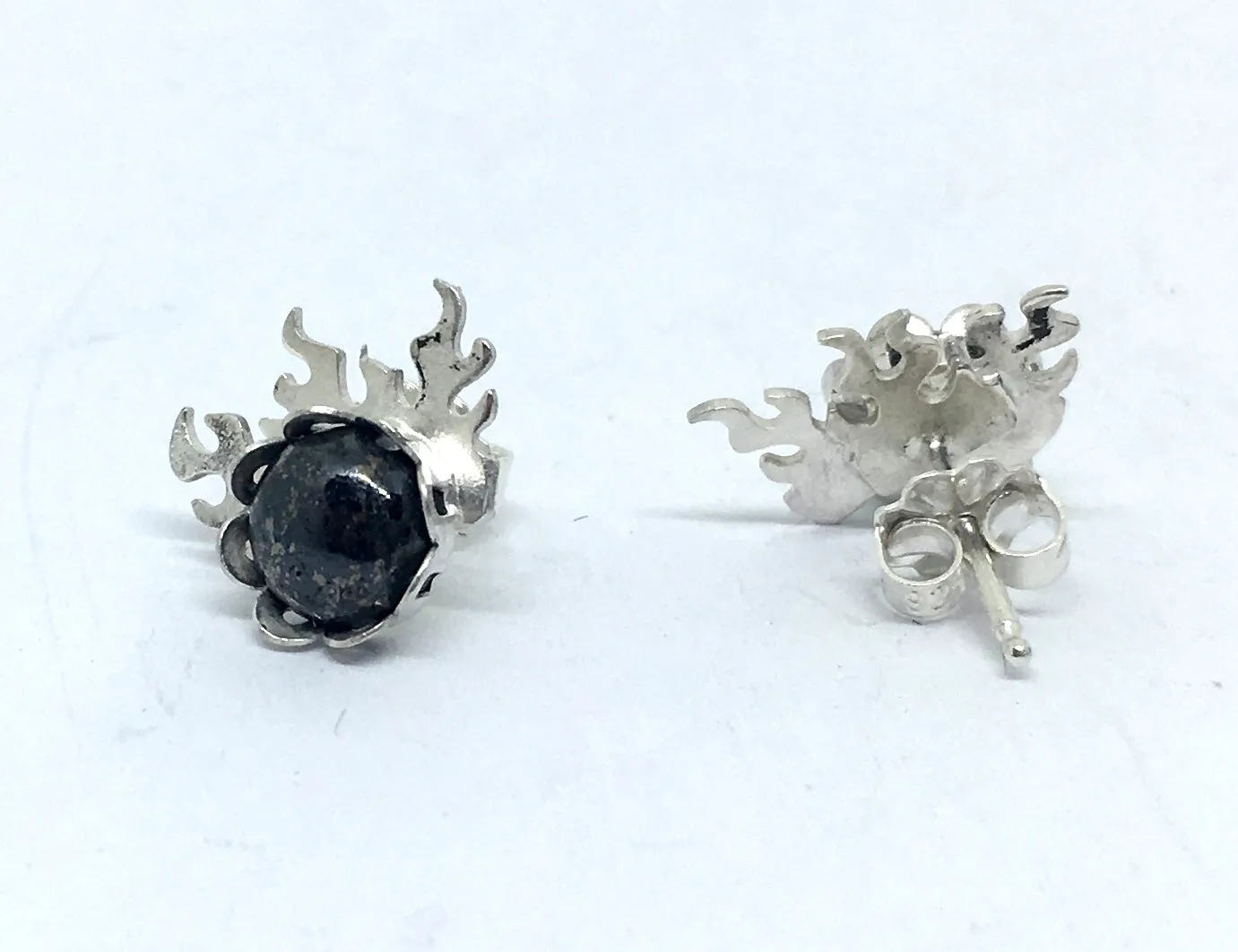 Fire Post Earrings with Pyrite Gemstones in Sterling Silver