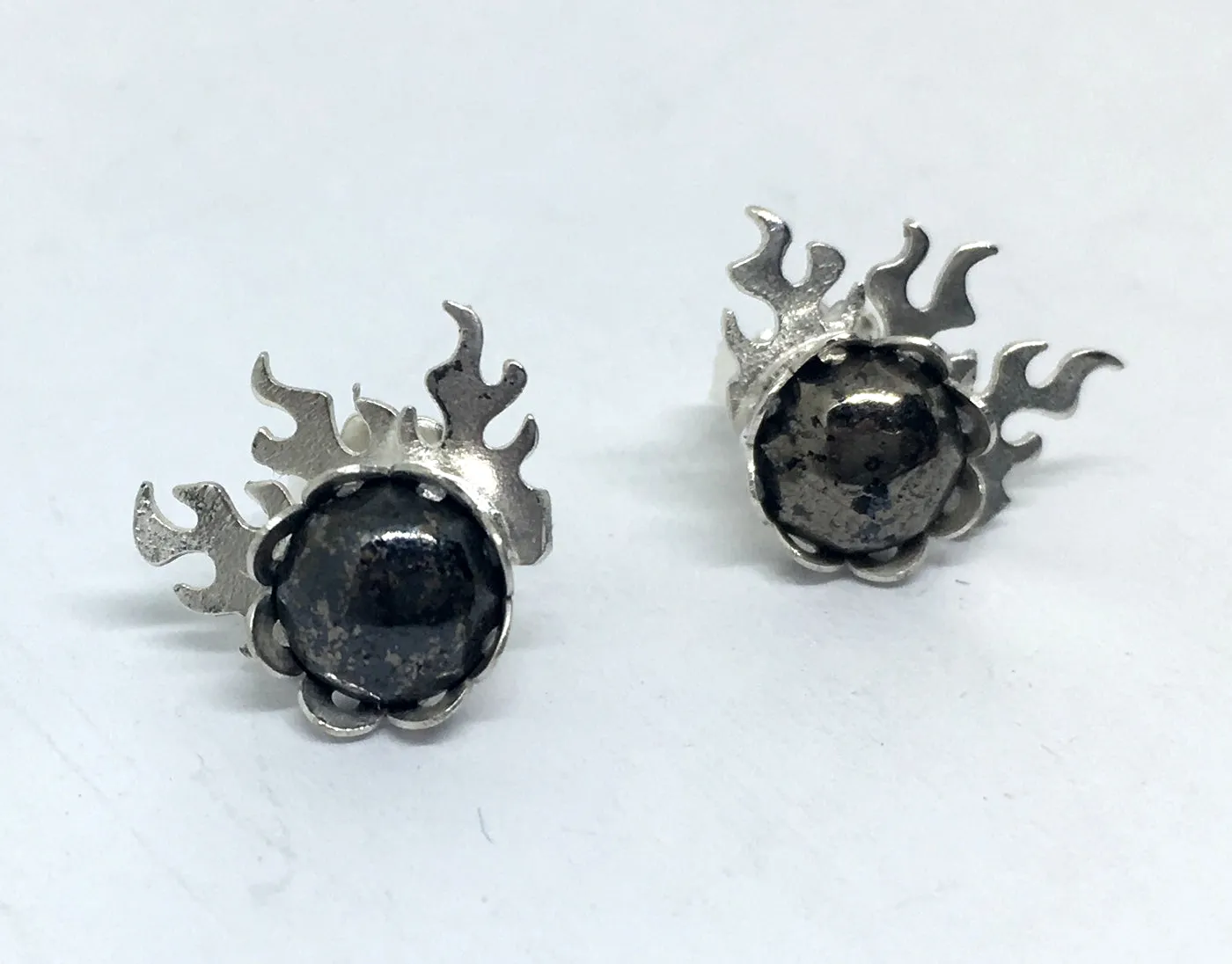 Fire Post Earrings with Pyrite Gemstones in Sterling Silver