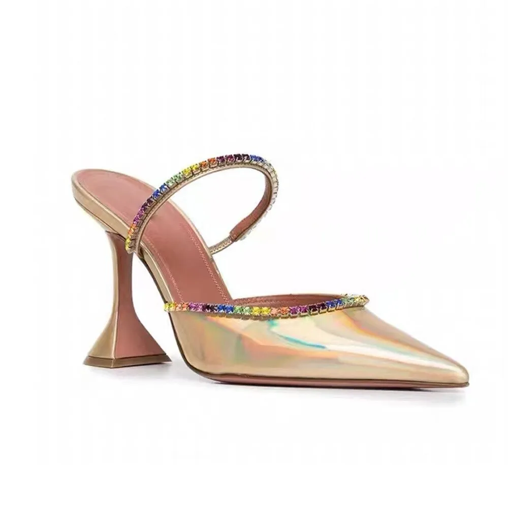 Korean Version of The Trendy Half-slip Women's Shoes with Rhinestone Satin Wine Glass Heels Baotou Slippers