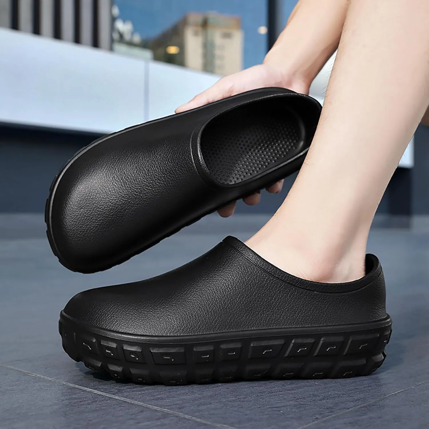 Men's Leather Slip-On Platform Chef Shoes Comfort Round Toe Waterproof Non Slip Soft Bottom Kitchen Loafers for Kitchen Office Nurse Shoes