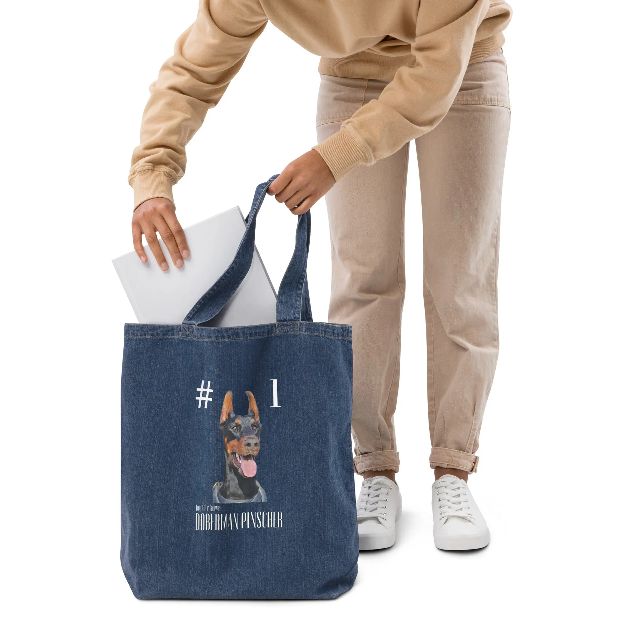 Organic denim tote bag, Doberman Pinscher Lovers