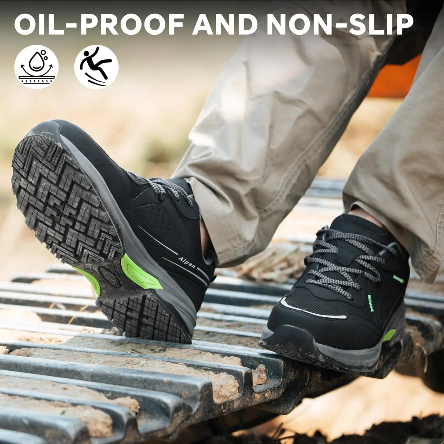 SPIEZ Men's Safety Work Shoes, Oil-Resistant, Non-Slip Composite Toe, Outdoor & Safety Shoes, Black/Green (US 7.5-12)