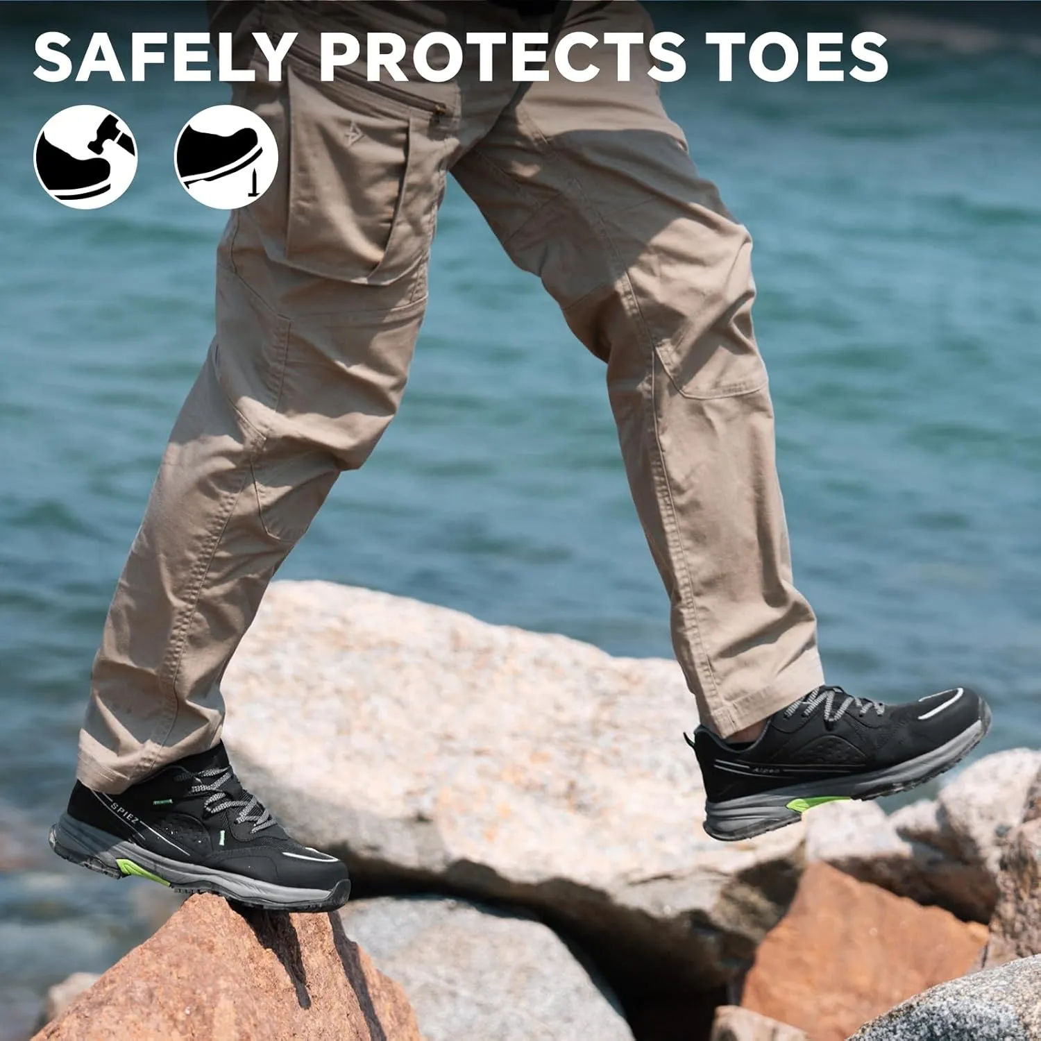 SPIEZ Men's Safety Work Shoes, Oil-Resistant, Non-Slip Composite Toe, Outdoor & Safety Shoes, Black/Green (US 7.5-12)