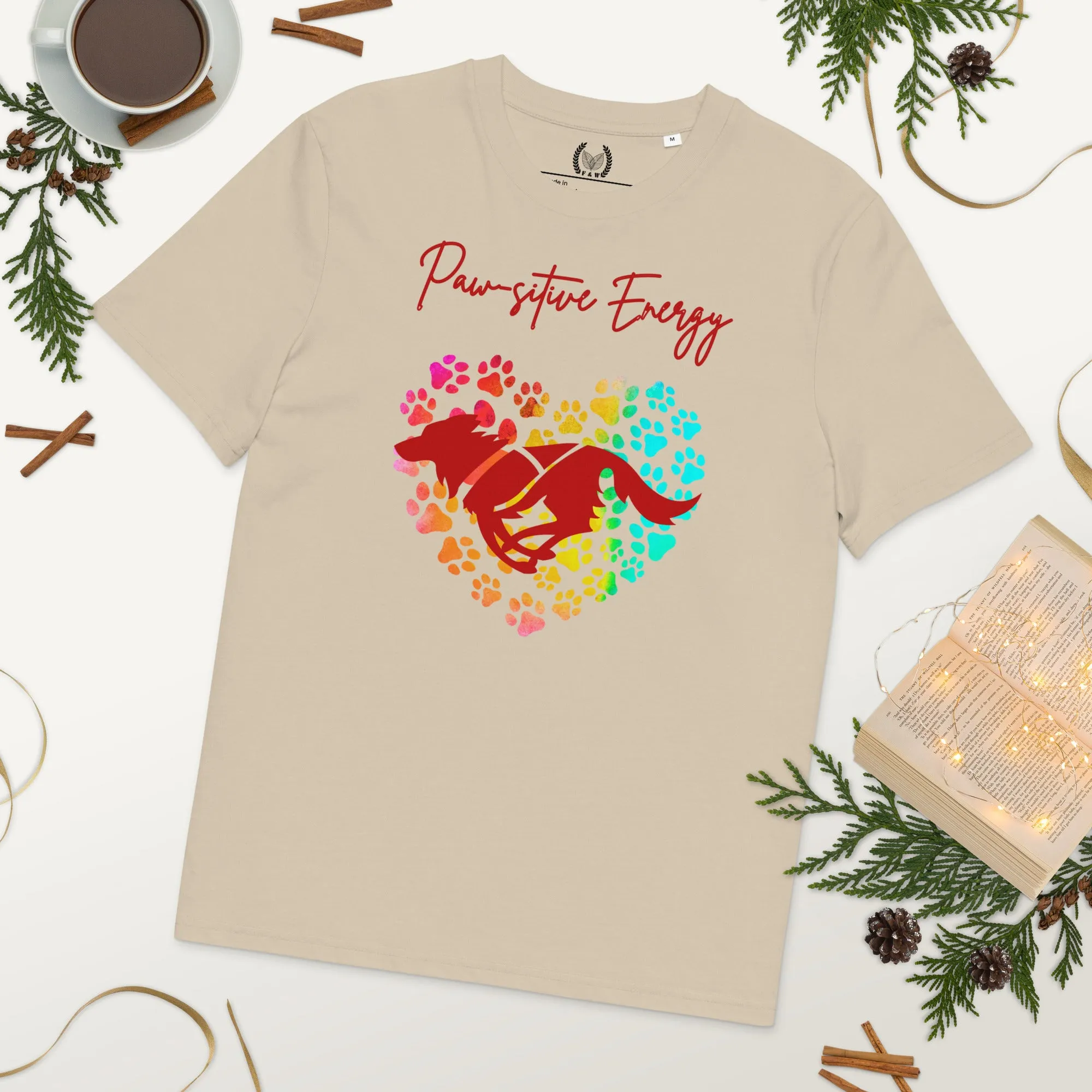 Vegan 100% Organic Cotton 'Paw-sitive Energy' Dog Lover T-Shirt - Eco-Friendly Motivational Pet Apparel