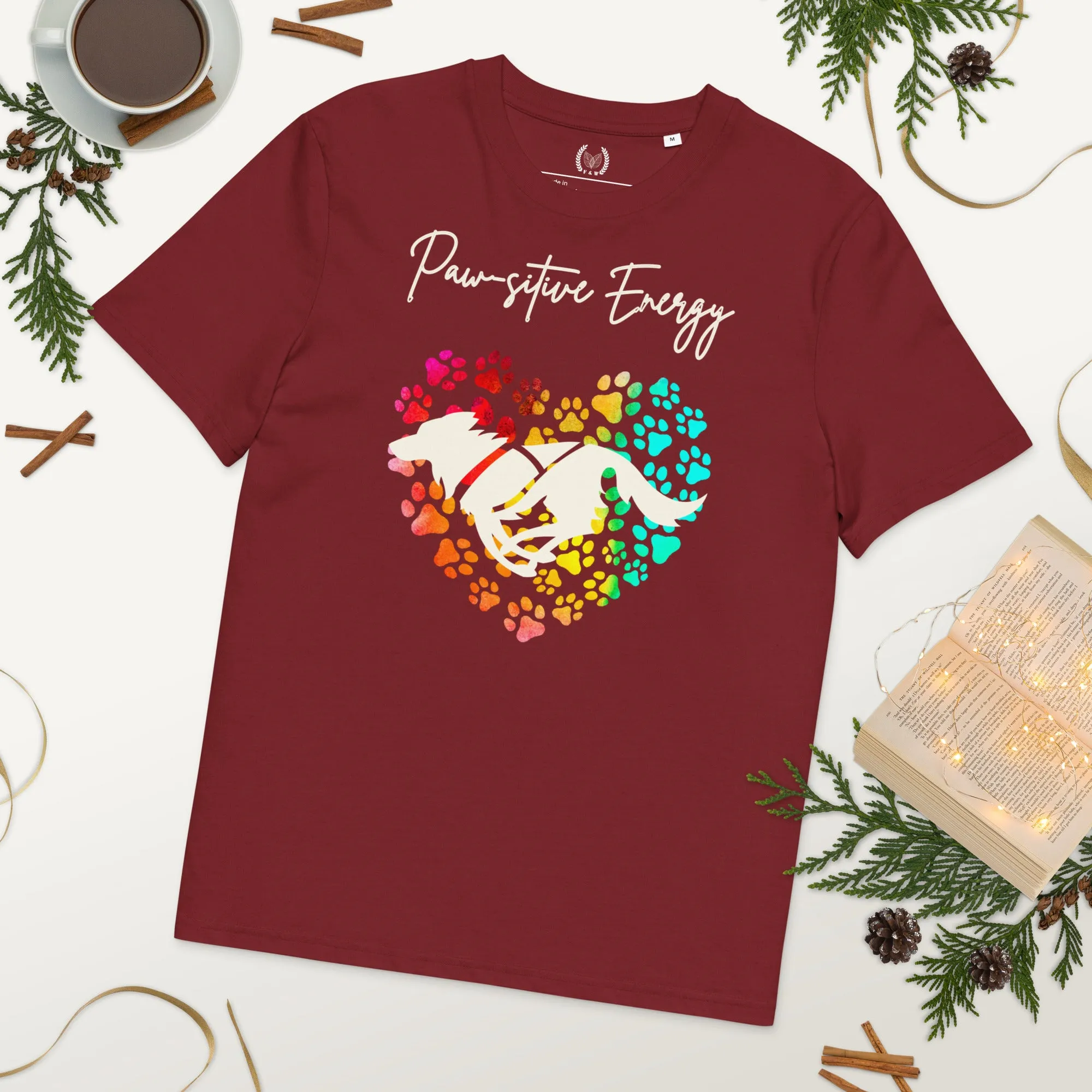 Vegan 100% Organic Cotton 'Paw-sitive Energy' Dog Lover T-Shirt - Eco-Friendly Motivational Pet Apparel