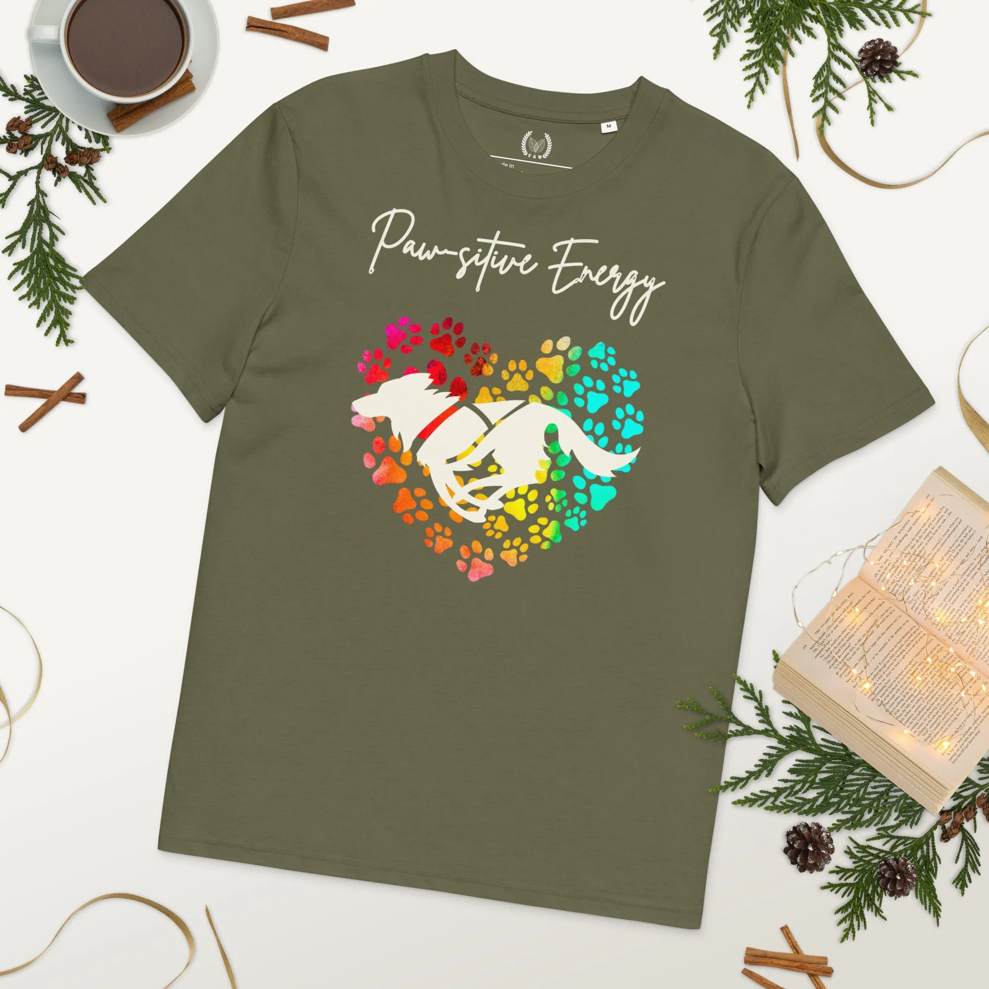 Vegan 100% Organic Cotton 'Paw-sitive Energy' Dog Lover T-Shirt - Eco-Friendly Motivational Pet Apparel