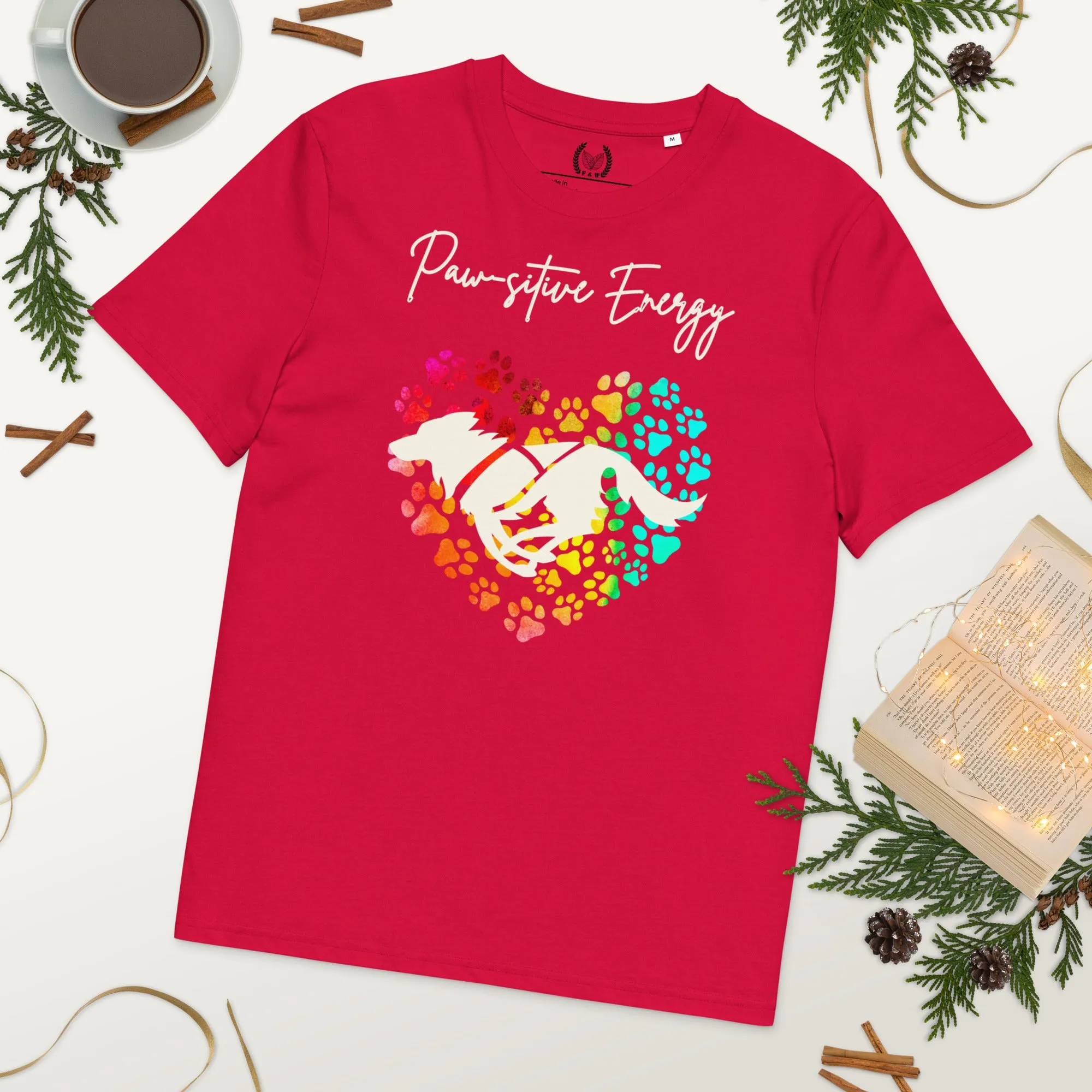 Vegan 100% Organic Cotton 'Paw-sitive Energy' Dog Lover T-Shirt - Eco-Friendly Motivational Pet Apparel