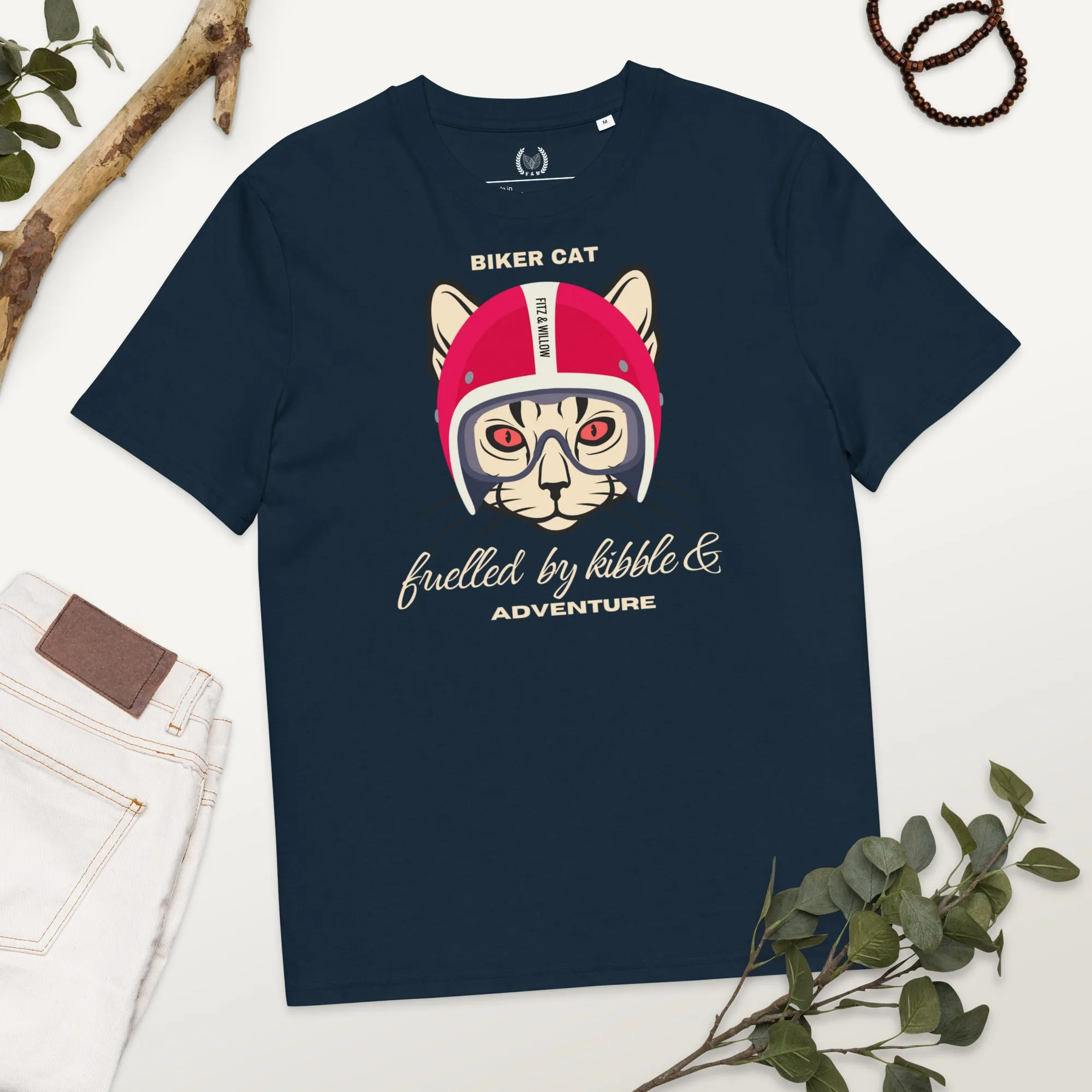 Vegan & Sustainable Cat Themed T-Shirt – Biker Cat Print | Eco-Friendly Cat Lover's Tee