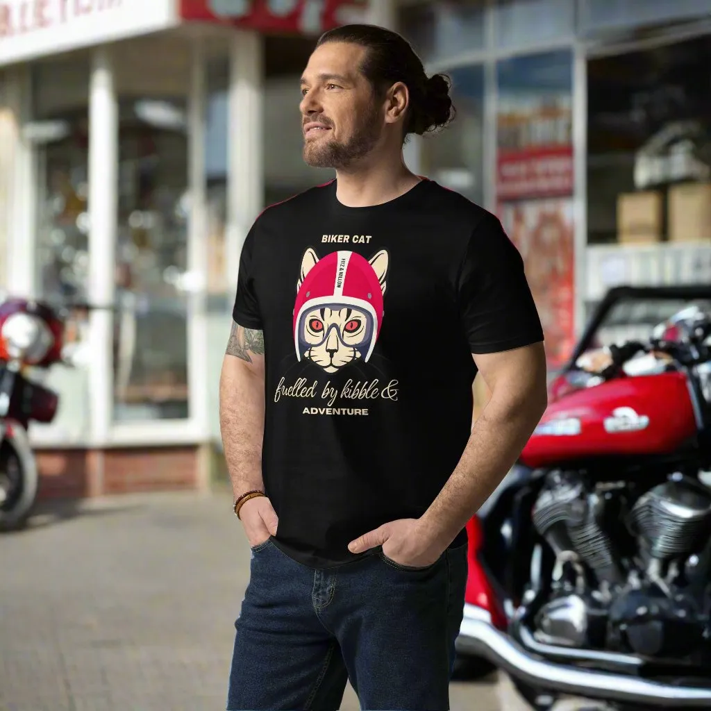 Vegan & Sustainable Cat Themed T-Shirt – Biker Cat Print | Eco-Friendly Cat Lover's Tee