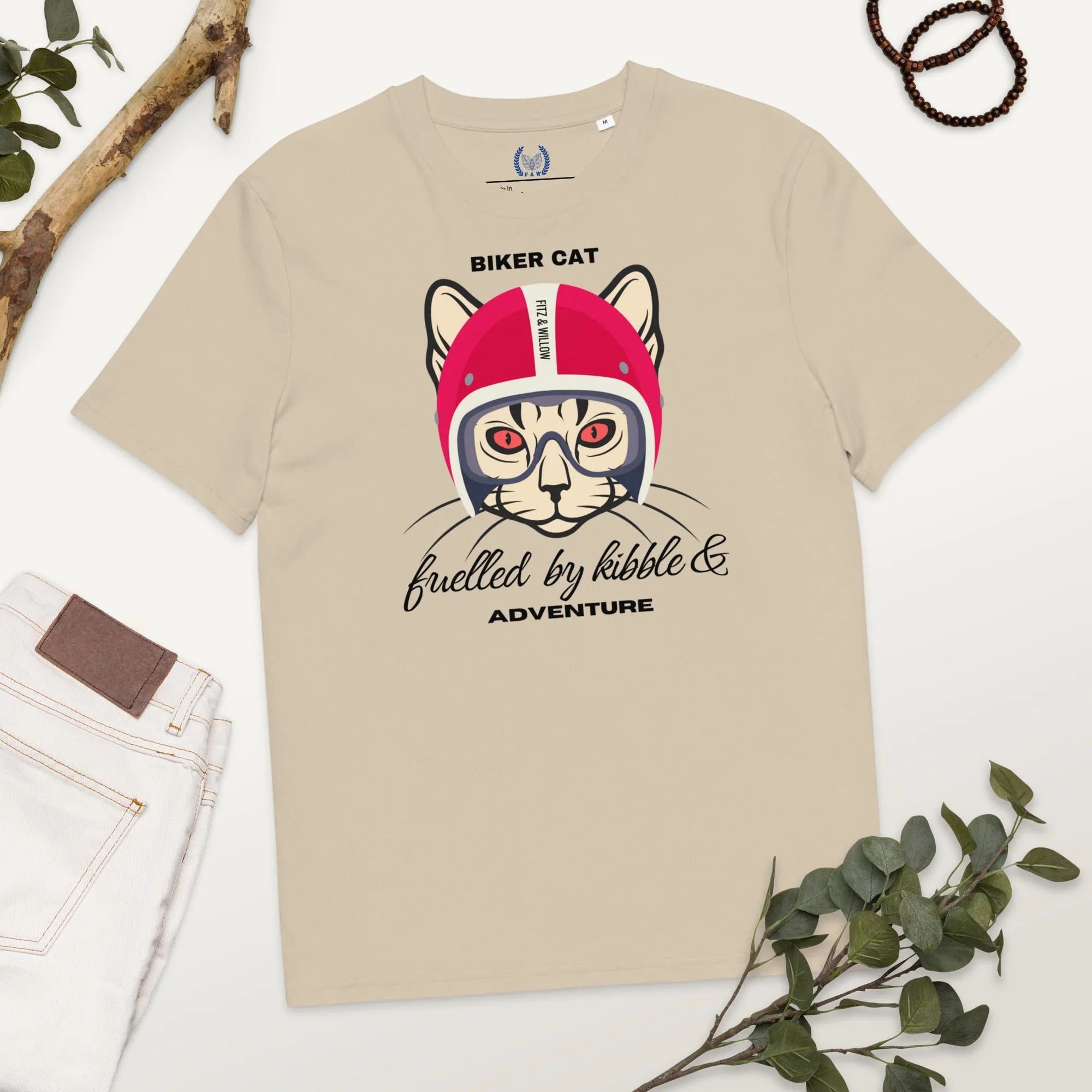 Vegan & Sustainable Cat Themed T-Shirt – Biker Cat Print | Eco-Friendly Cat Lover's Tee