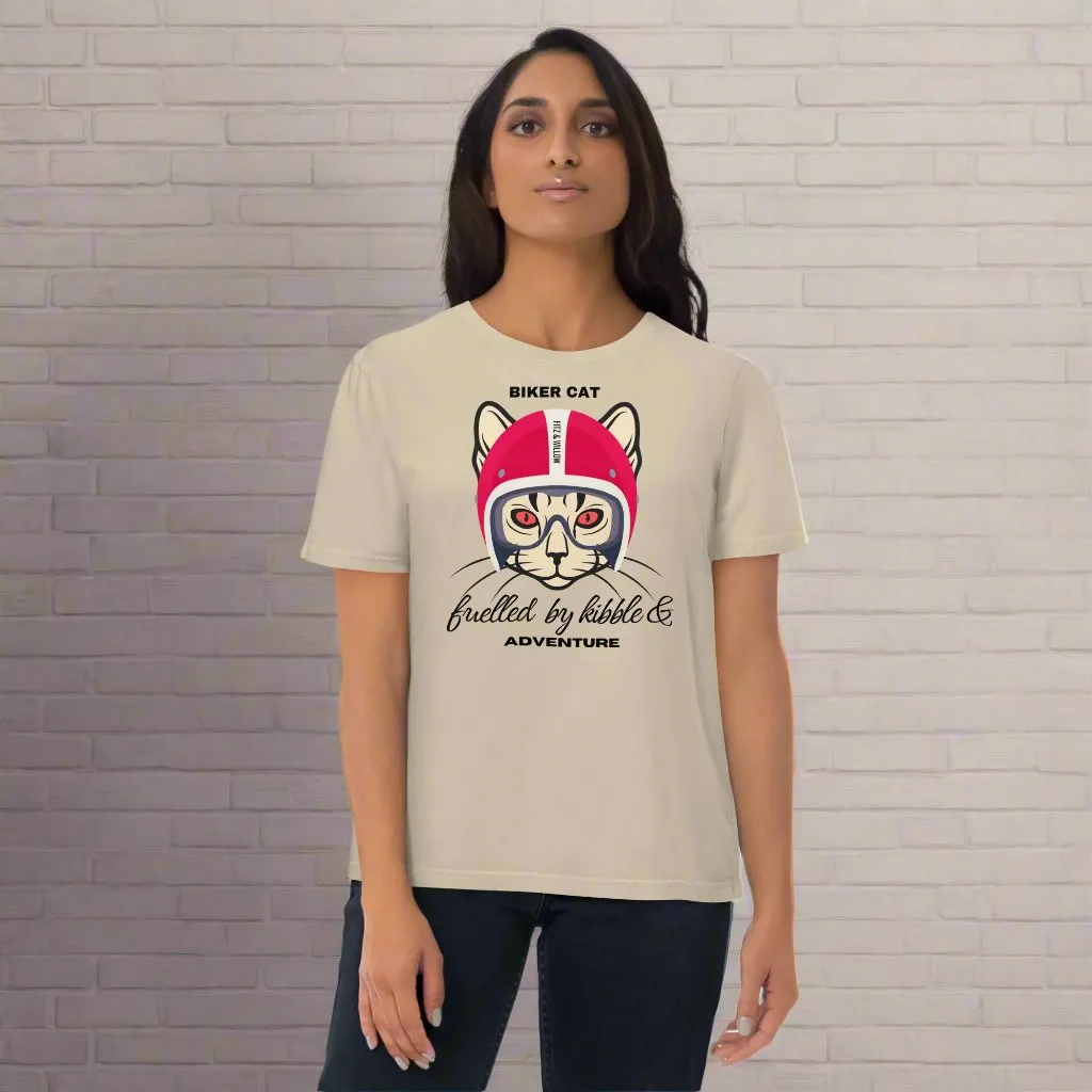 Vegan & Sustainable Cat Themed T-Shirt – Biker Cat Print | Eco-Friendly Cat Lover's Tee