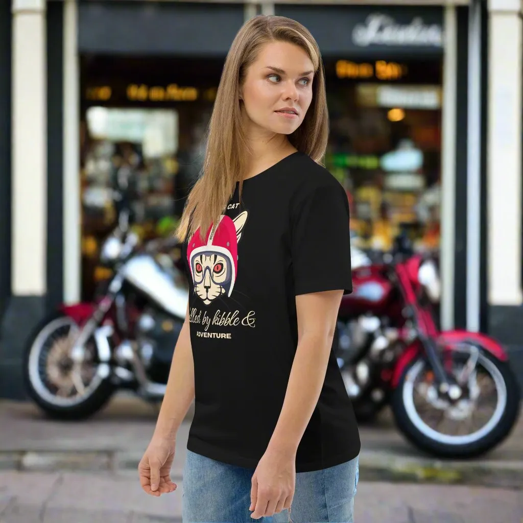 Vegan & Sustainable Cat Themed T-Shirt – Biker Cat Print | Eco-Friendly Cat Lover's Tee
