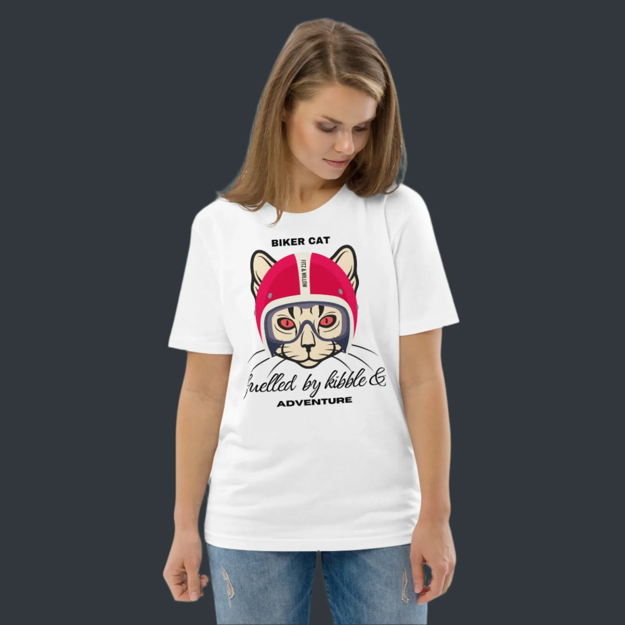 Vegan & Sustainable Cat Themed T-Shirt – Biker Cat Print | Eco-Friendly Cat Lover's Tee