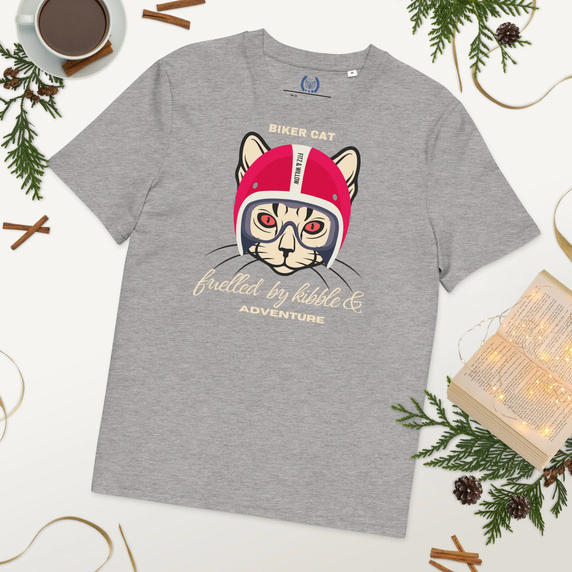Vegan & Sustainable Cat Themed T-Shirt – Biker Cat Print | Eco-Friendly Cat Lover's Tee