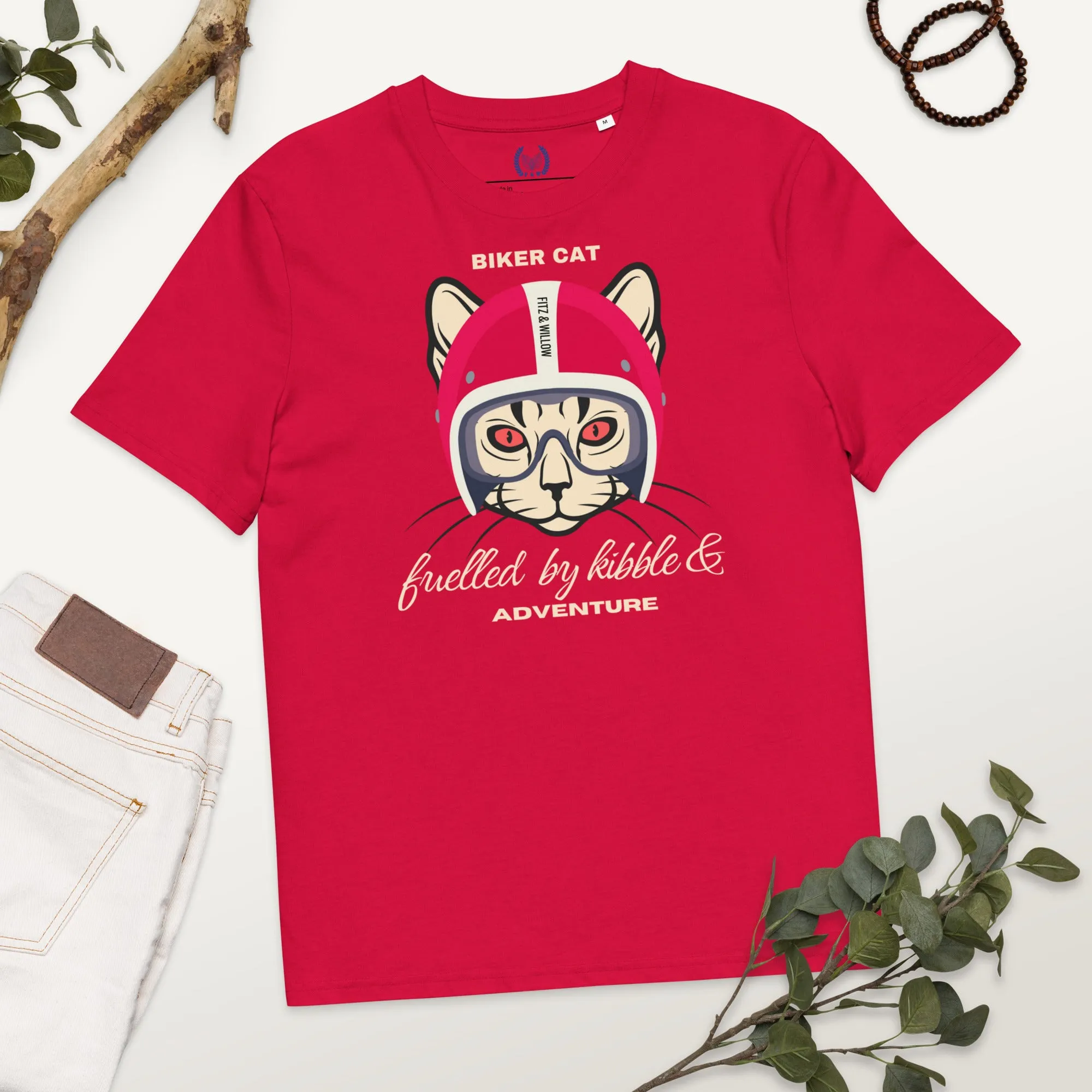 Vegan & Sustainable Cat Themed T-Shirt – Biker Cat Print | Eco-Friendly Cat Lover's Tee