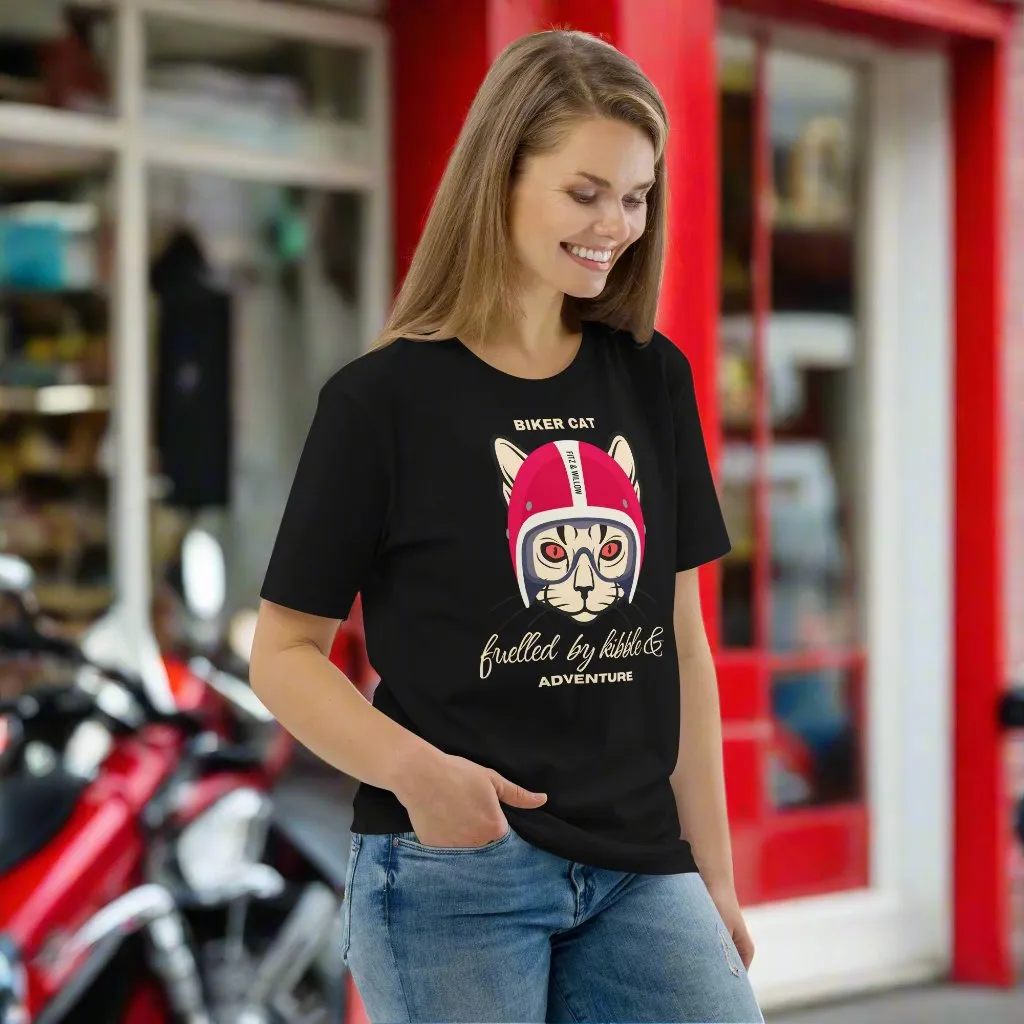Vegan & Sustainable Cat Themed T-Shirt – Biker Cat Print | Eco-Friendly Cat Lover's Tee