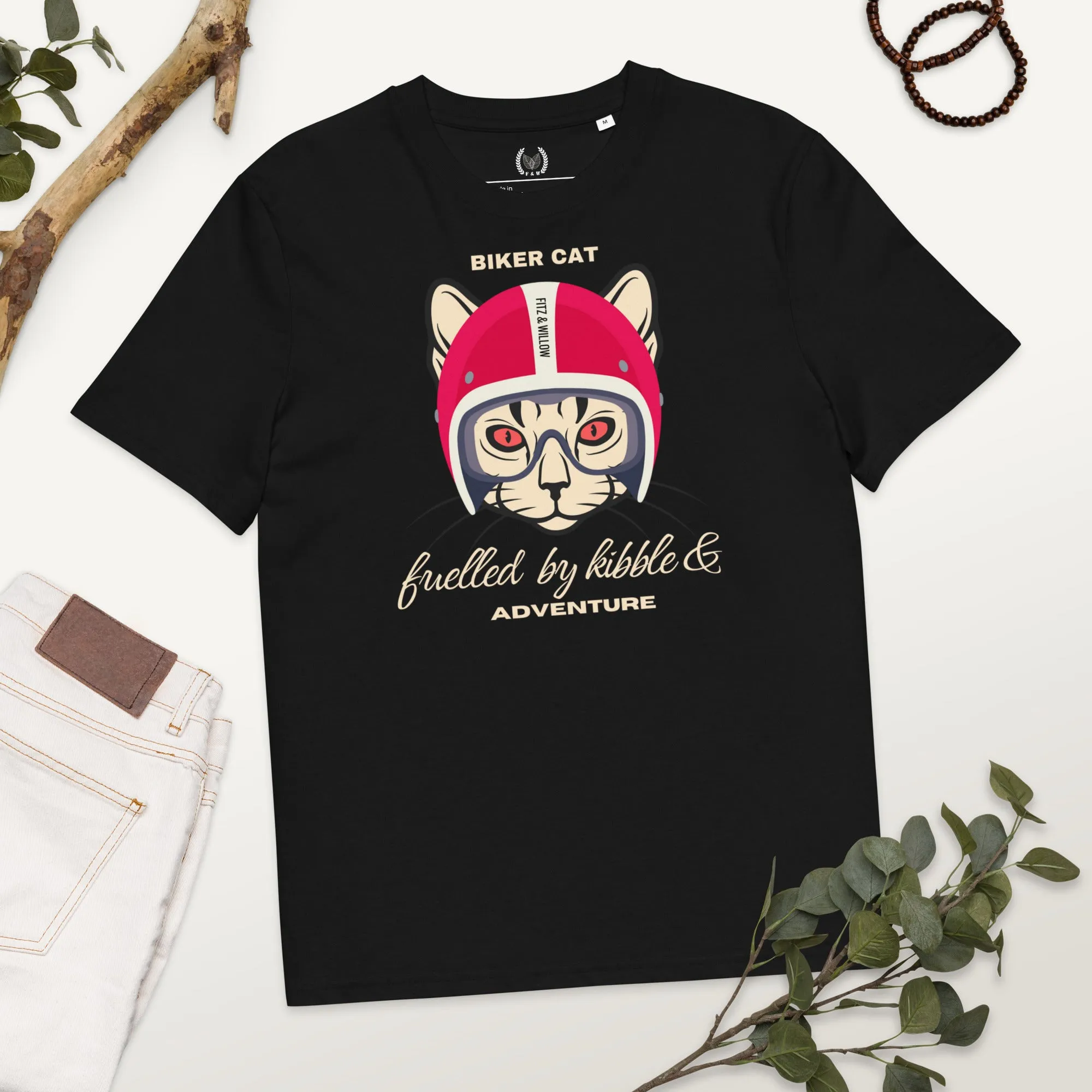 Vegan & Sustainable Cat Themed T-Shirt – Biker Cat Print | Eco-Friendly Cat Lover's Tee
