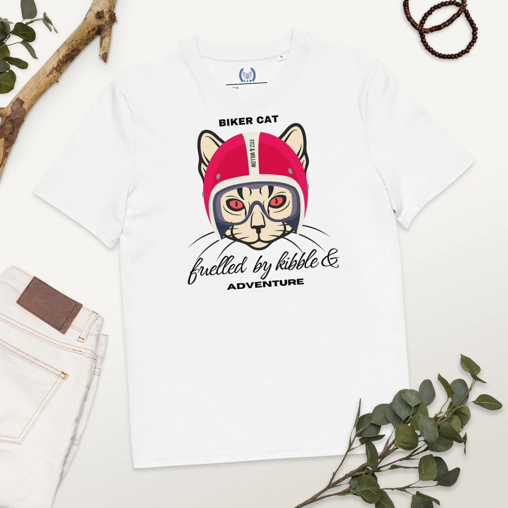 Vegan & Sustainable Cat Themed T-Shirt – Biker Cat Print | Eco-Friendly Cat Lover's Tee