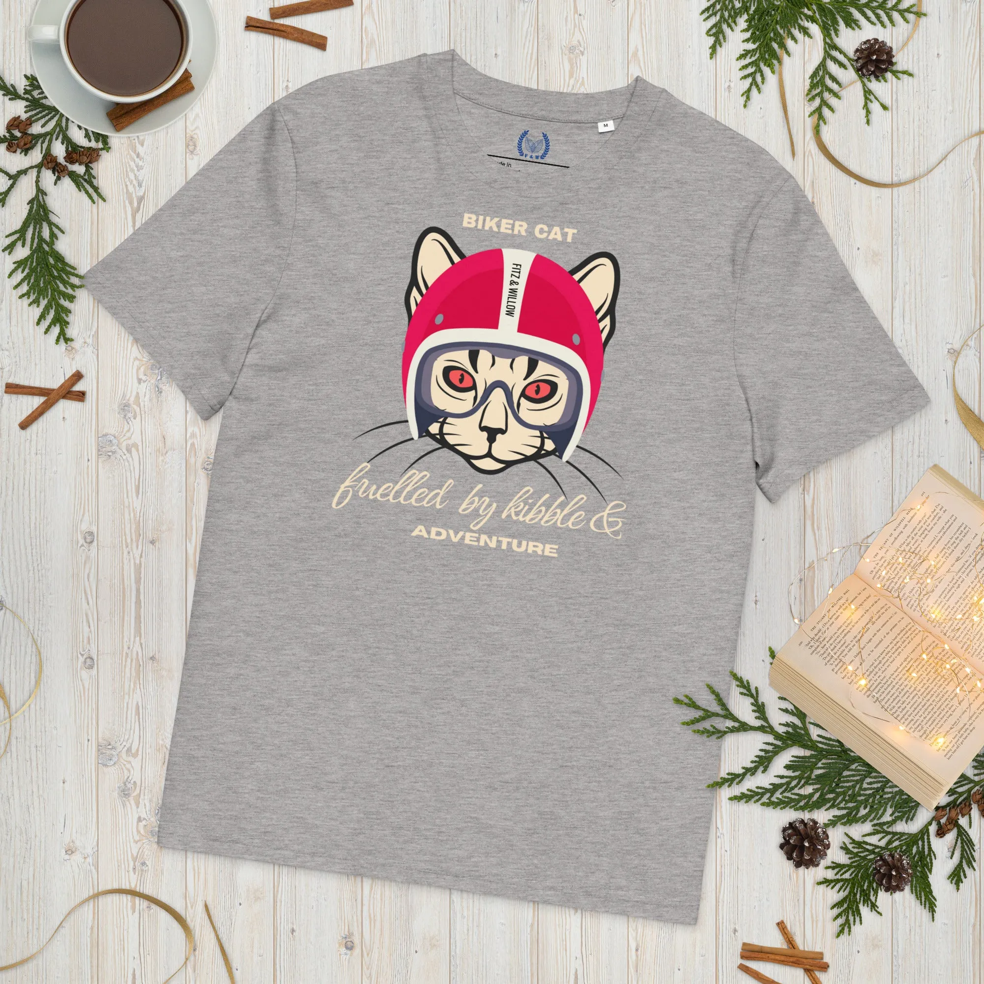 Vegan & Sustainable Cat Themed T-Shirt – Biker Cat Print | Eco-Friendly Cat Lover's Tee