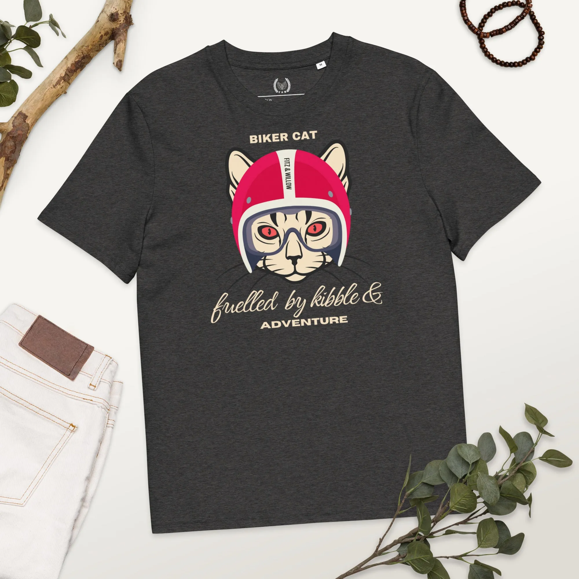 Vegan & Sustainable Cat Themed T-Shirt – Biker Cat Print | Eco-Friendly Cat Lover's Tee