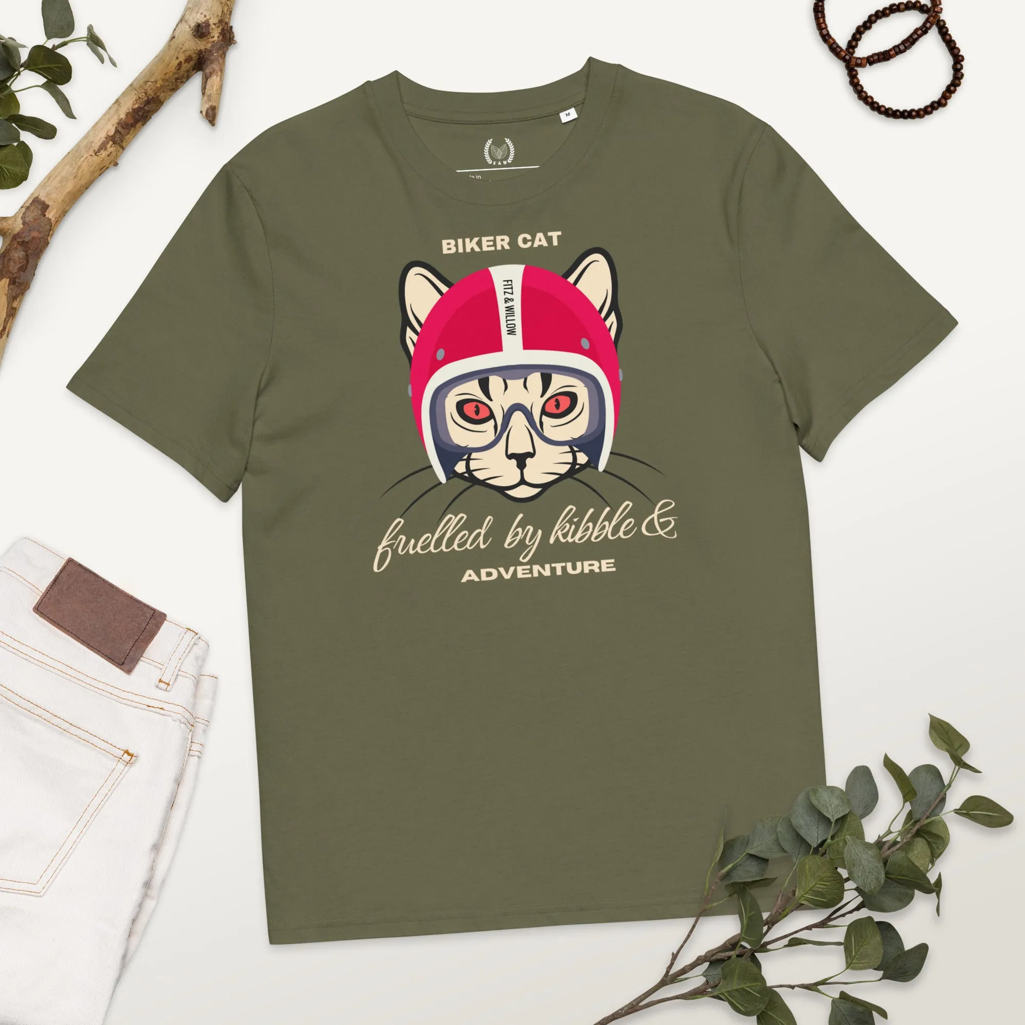 Vegan & Sustainable Cat Themed T-Shirt – Biker Cat Print | Eco-Friendly Cat Lover's Tee