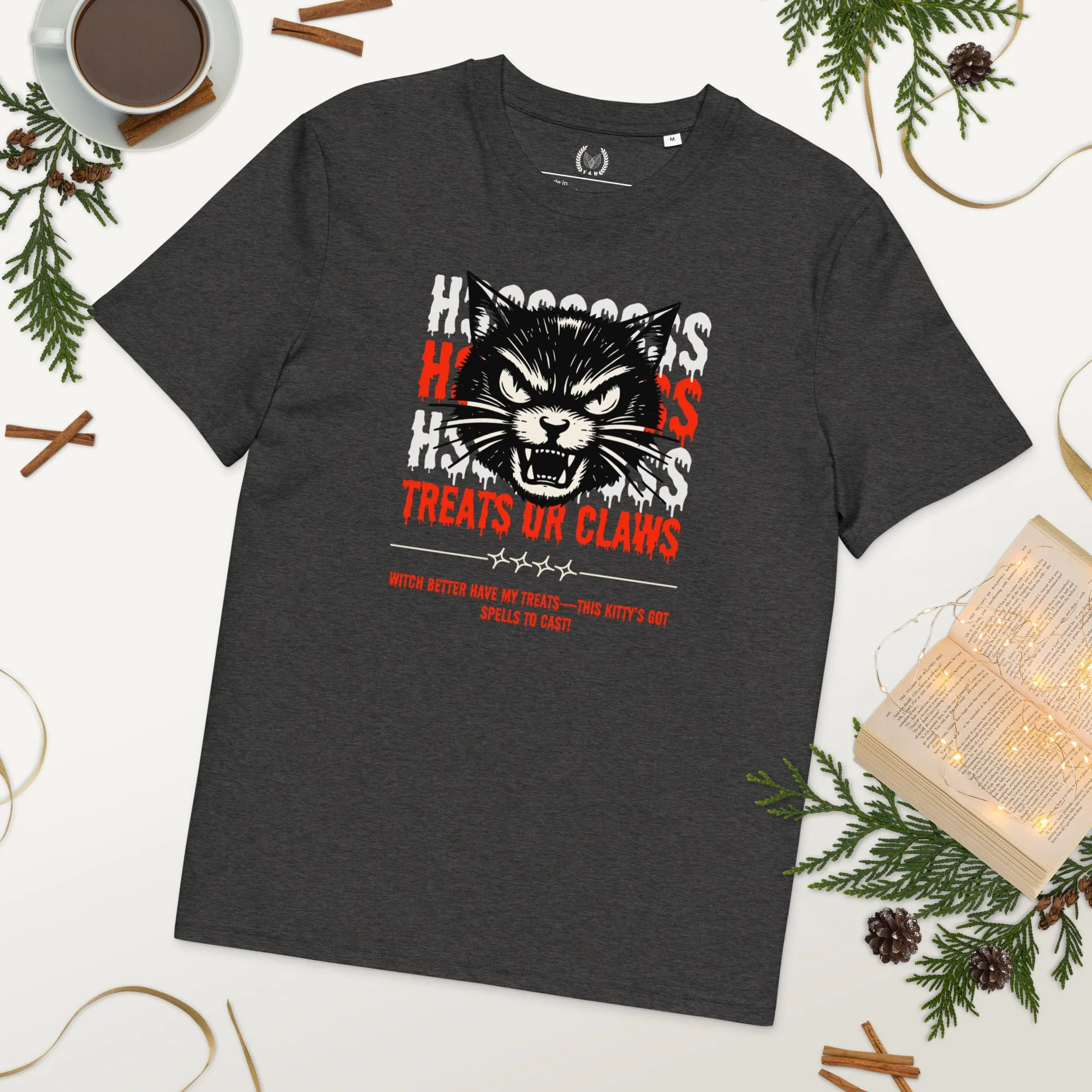 Vegan Organic Cotton T-Shirt – Angry Cat “Treats or Claws” Print