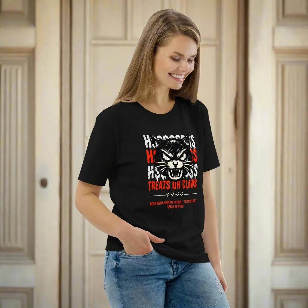 Vegan Organic Cotton T-Shirt – Angry Cat “Treats or Claws” Print