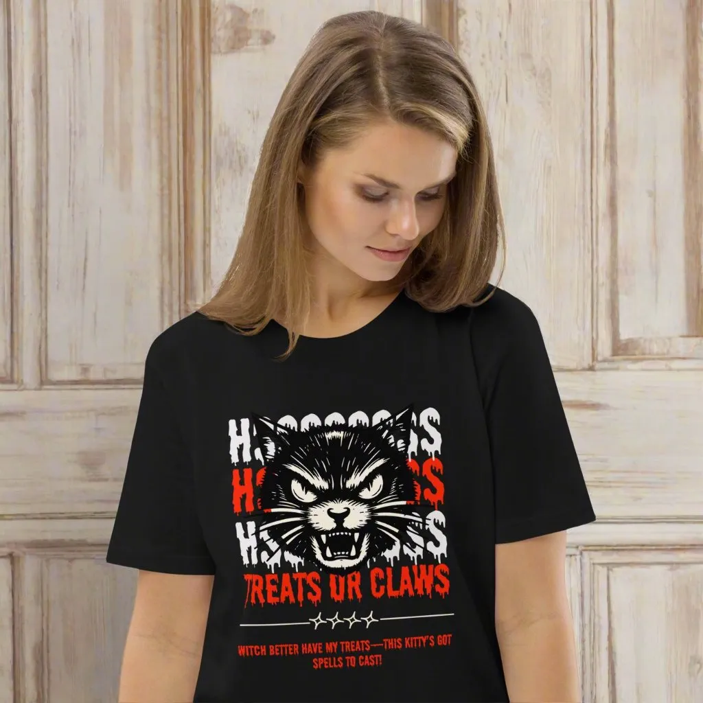 Vegan Organic Cotton T-Shirt – Angry Cat “Treats or Claws” Print
