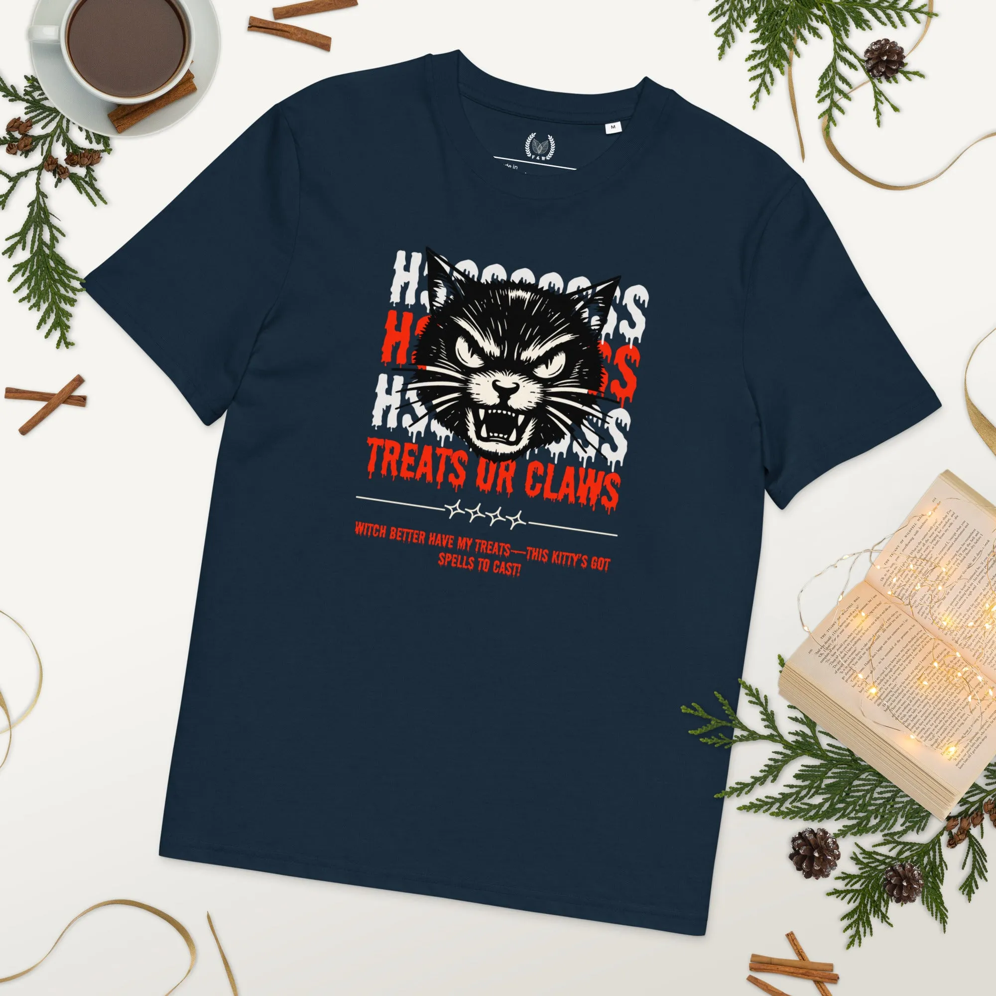 Vegan Organic Cotton T-Shirt – Angry Cat “Treats or Claws” Print